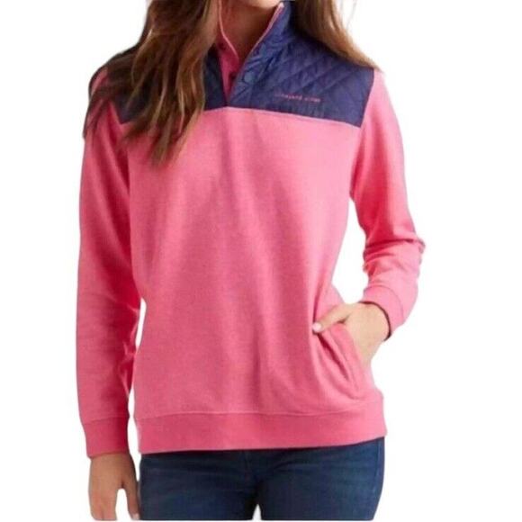 Vineyard Vines Shep Quilted Pullover Hoodie Women S Navy Pink Quarter Snap - Picture 2 of 15